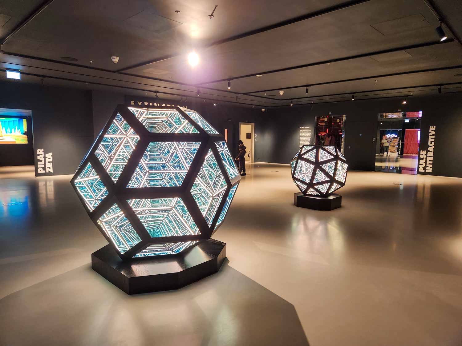 Futuristic geometric light sculptures at Moco Museum London